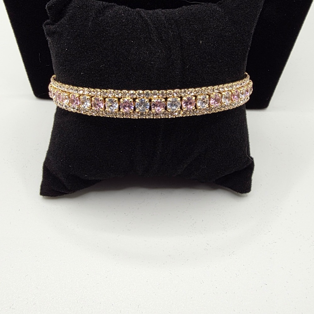 Gold Tone Pink and Clear Crystal Triple Row Hinged Cuff‎ Bracelet Sparkly Pavé